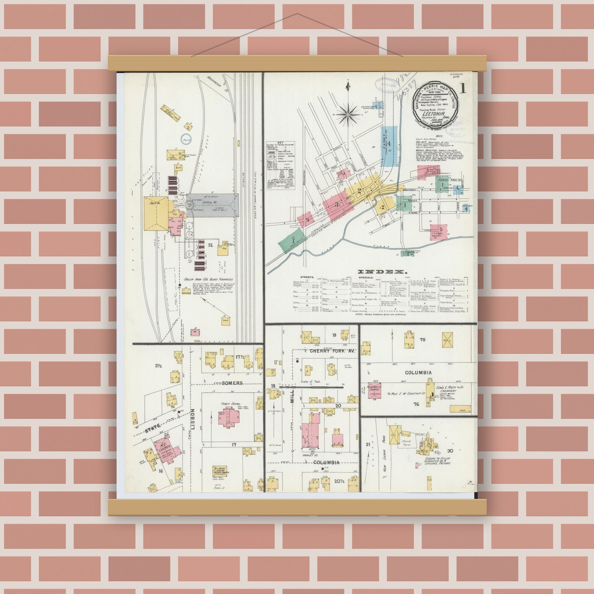 Old map wall art mockup — magnetic wood frame on brick wall — Sanborn Fire Insurance Map from Leetonia, Columbiana County, Ohio (1898) - Complete Map Set