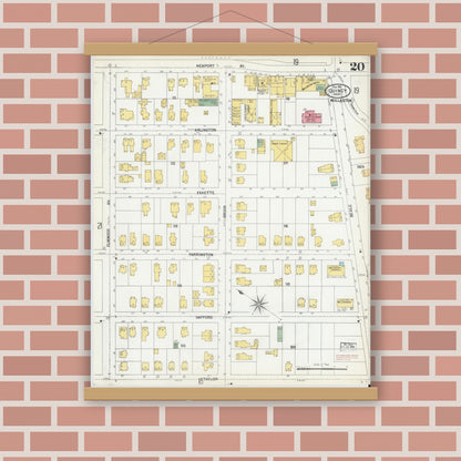 Old map wall art mockup — magnetic wood frame on brick wall — Sanborn Fire Insurance Map from Quincy, Norfolk County, Massachusetts (1901), Sheet #0020