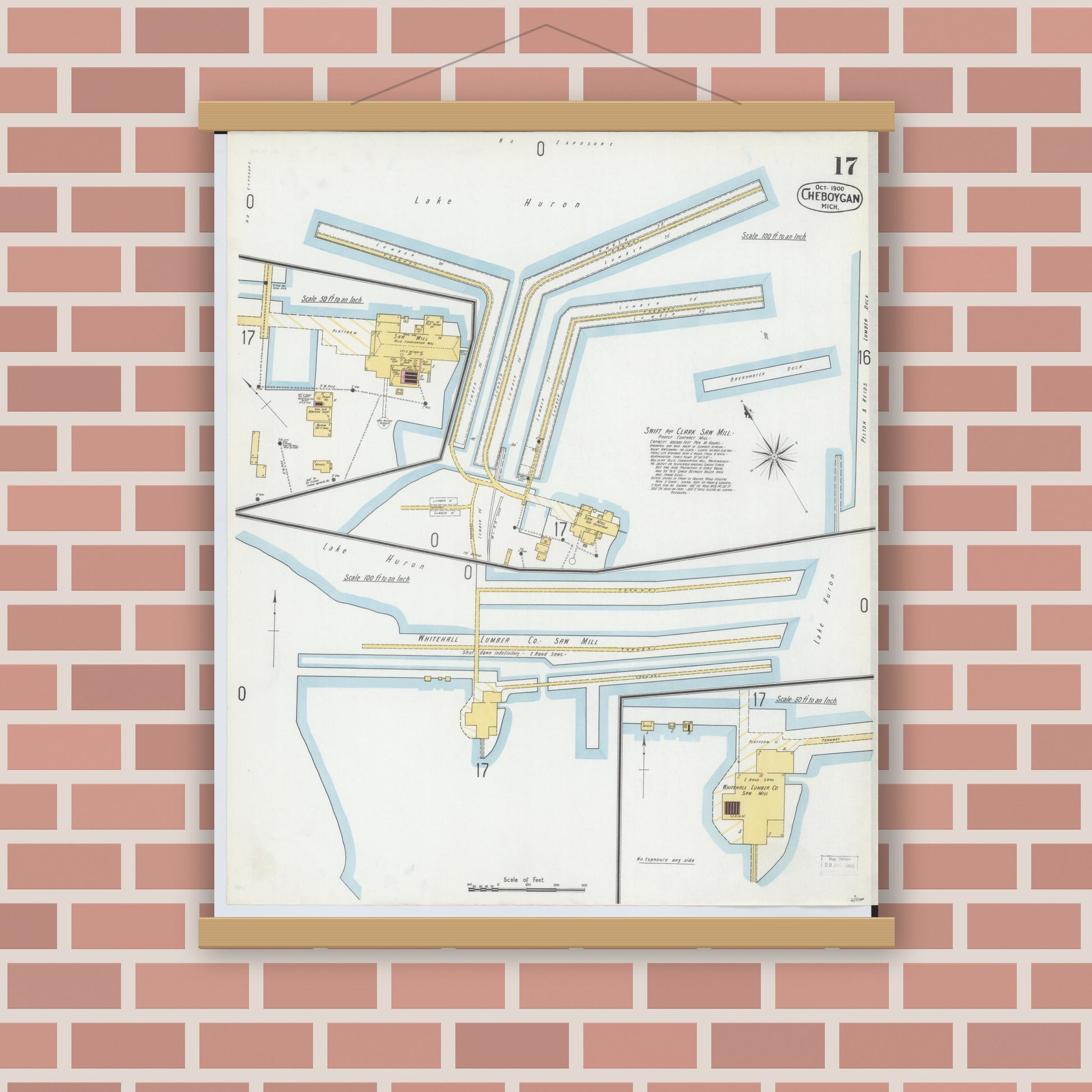 Old map wall art mockup — magnetic wood frame on brick wall — Sanborn Fire Insurance Map from Cheboygan, Cheboygan County, Michigan (1900), Sheet #0017