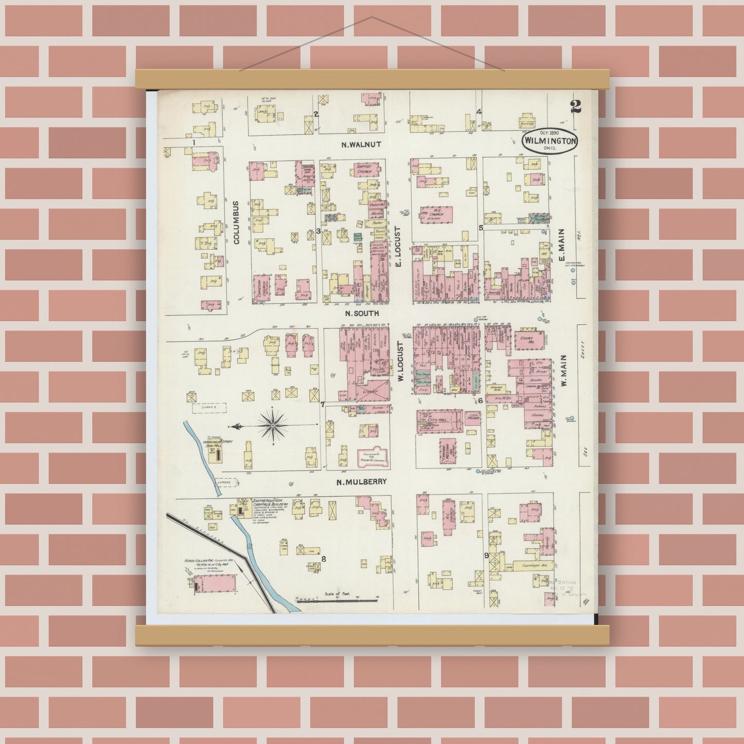Old map wall art mockup — magnetic wood frame on brick wall — Sanborn Fire Insurance Map from Wilmington, Clinton County, Ohio (1890), Sheet #0002