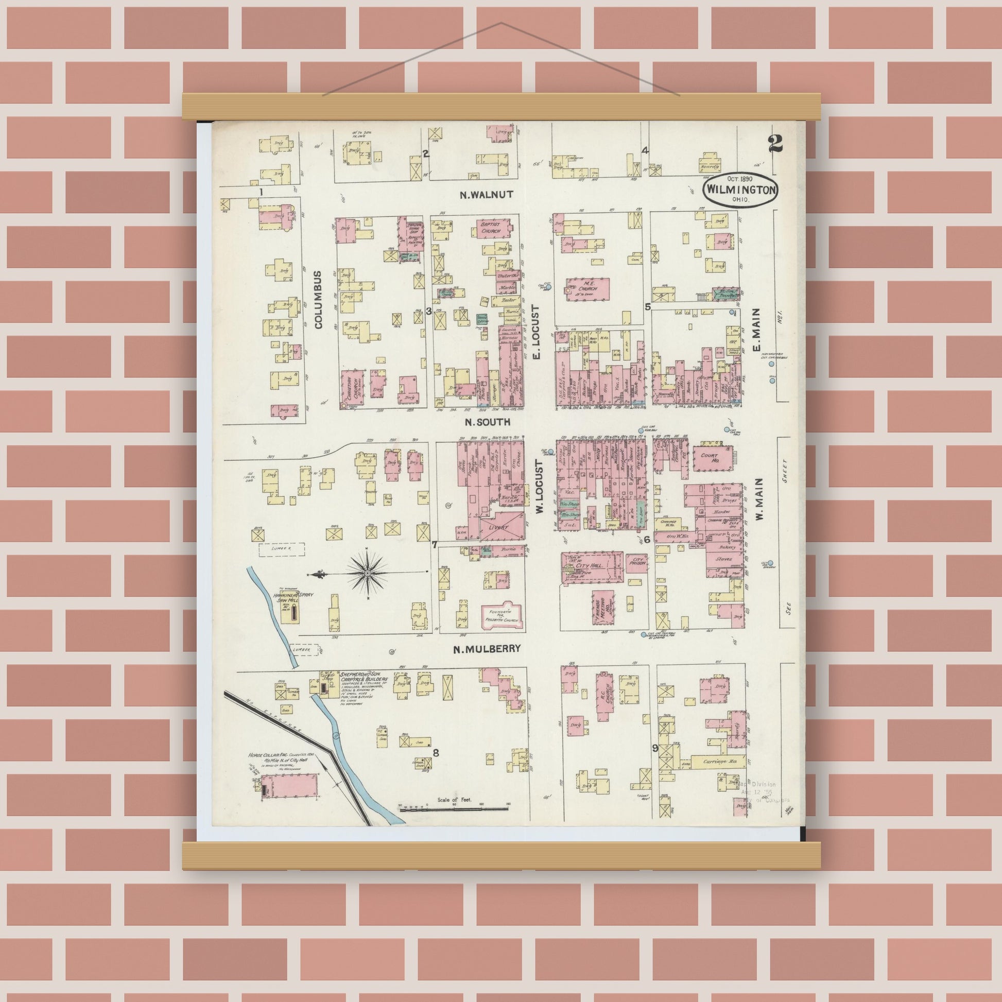 Old map wall art mockup — magnetic wood frame on brick wall — Sanborn Fire Insurance Map from Wilmington, Clinton County, Ohio (1890), Sheet #0002
