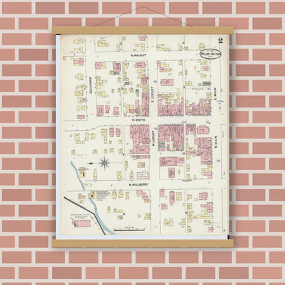 Old map wall art mockup — magnetic wood frame on brick wall — Sanborn Fire Insurance Map from Wilmington, Clinton County, Ohio (1890), Sheet #0002