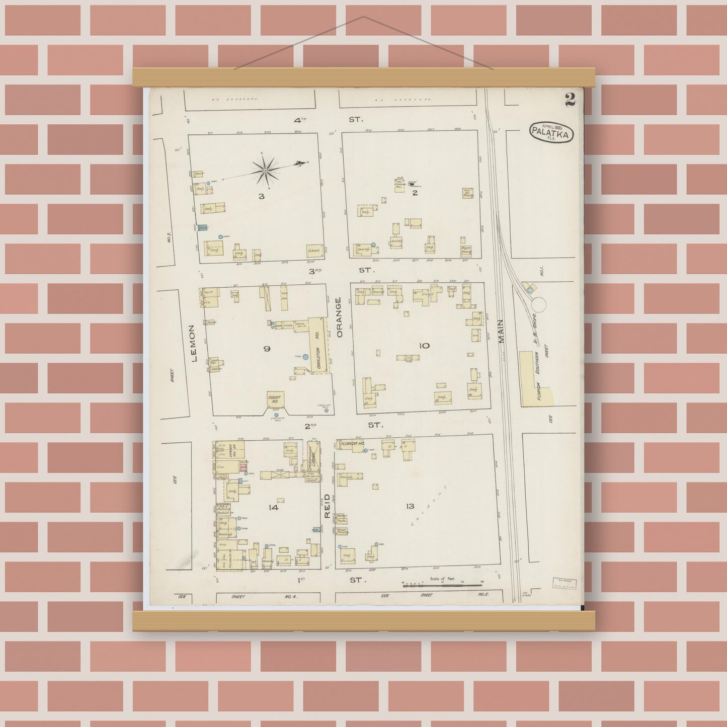 Old map wall art mockup — magnetic wood frame on brick wall — Sanborn Fire Insurance Map from Palatka, Putnam County, Florida (1885), Sheet #0002
