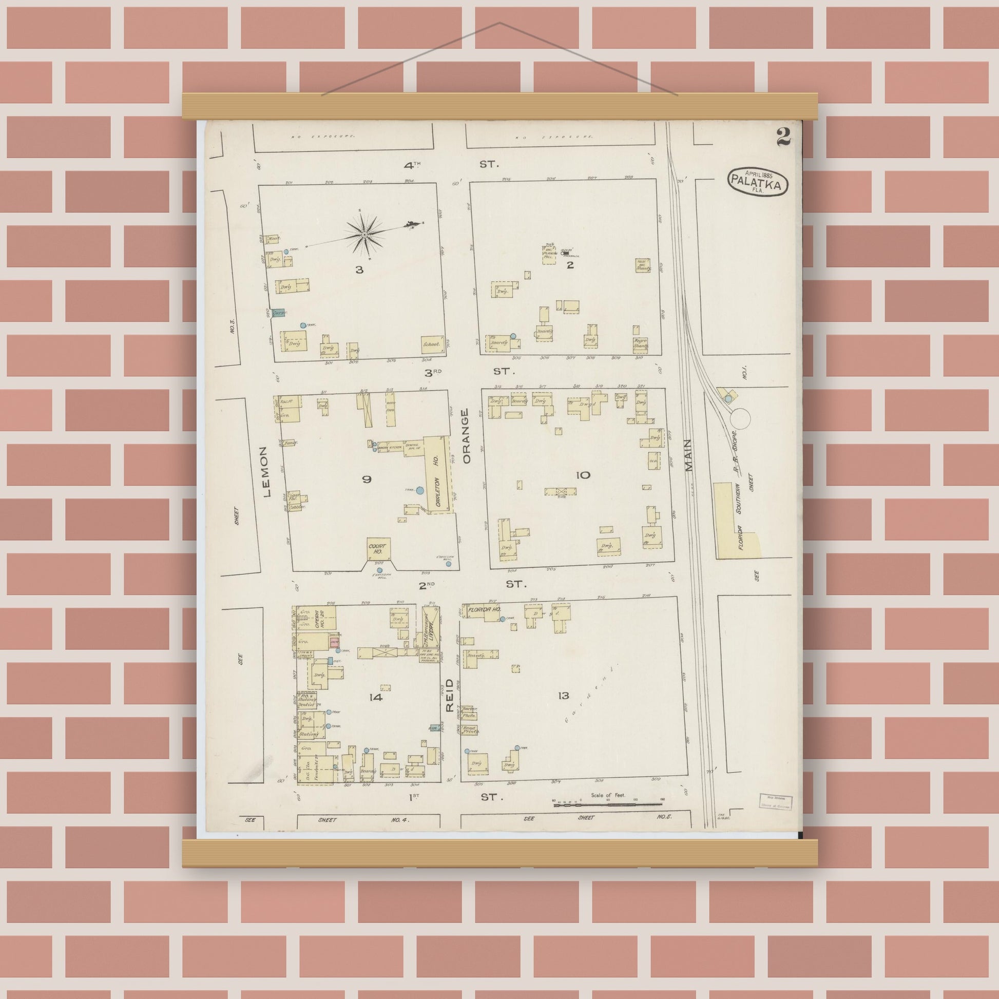 Old map wall art mockup — magnetic wood frame on brick wall — Sanborn Fire Insurance Map from Palatka, Putnam County, Florida (1885), Sheet #0002