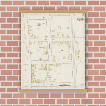 Old map wall art mockup — magnetic wood frame on brick wall — Sanborn Fire Insurance Map from Palatka, Putnam County, Florida (1885), Sheet #0002