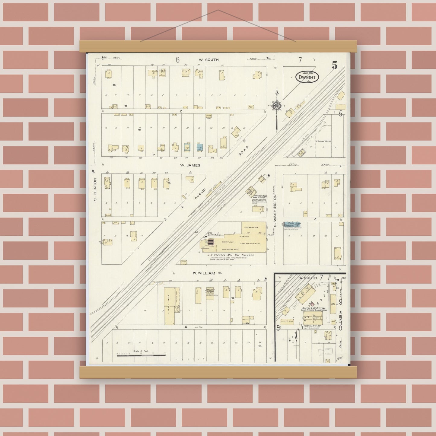 Old map wall art mockup — magnetic wood frame on brick wall — Sanborn Fire Insurance Map from Dwight, Livingston County, Illinois (1914), Sheet #0005