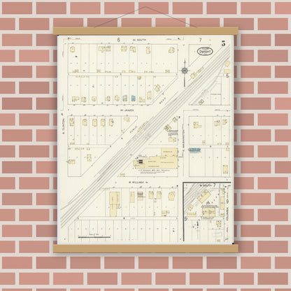 Old map wall art mockup — magnetic wood frame on brick wall — Sanborn Fire Insurance Map from Dwight, Livingston County, Illinois (1914), Sheet #0005