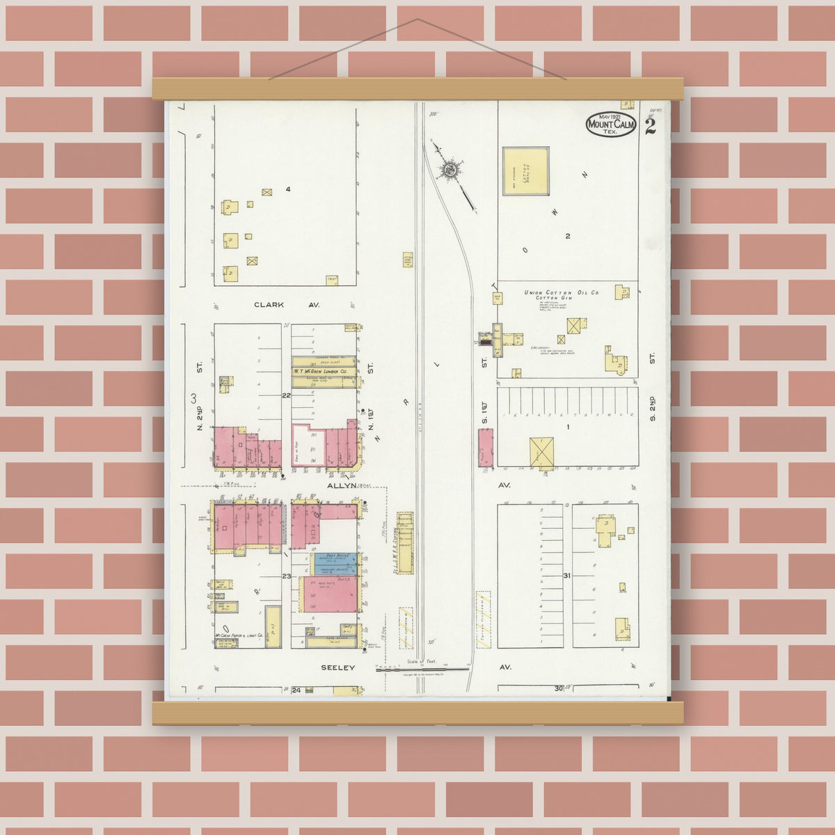 Old map wall art mockup — magnetic wood frame on brick wall — Sanborn Fire Insurance Map from Mount Calm, Hill County, Texas (1921), Sheet #0002