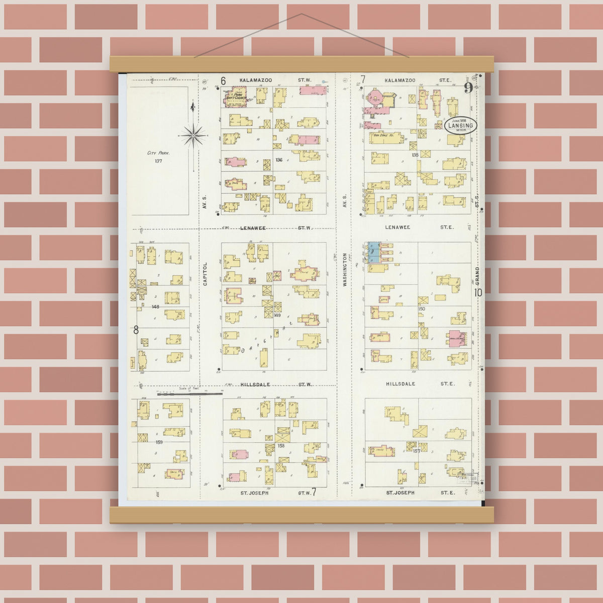 Old map wall art mockup — magnetic wood frame on brick wall — Sanborn Fire Insurance Map from Lansing, Ingham County, Michigan (1898), Sheet #0009