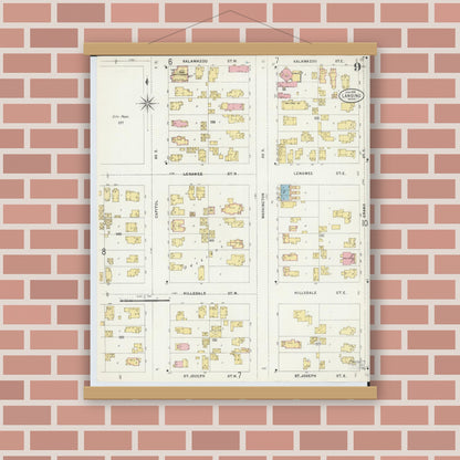 Old map wall art mockup — magnetic wood frame on brick wall — Sanborn Fire Insurance Map from Lansing, Ingham County, Michigan (1898), Sheet #0009