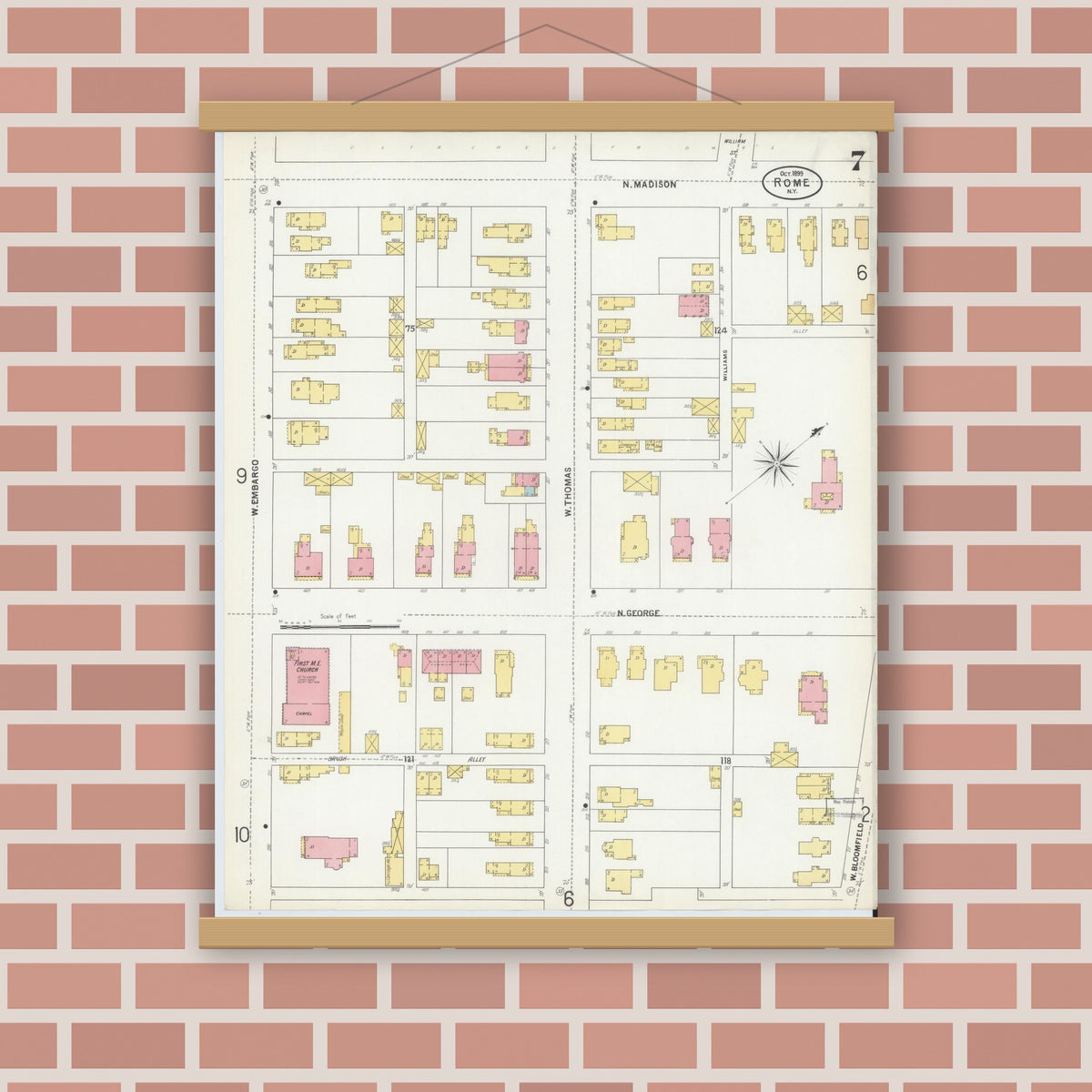 Old map wall art mockup — magnetic wood frame on brick wall — Sanborn Fire Insurance Map from Rome, Oneida County, New York (1899), Sheet #0007