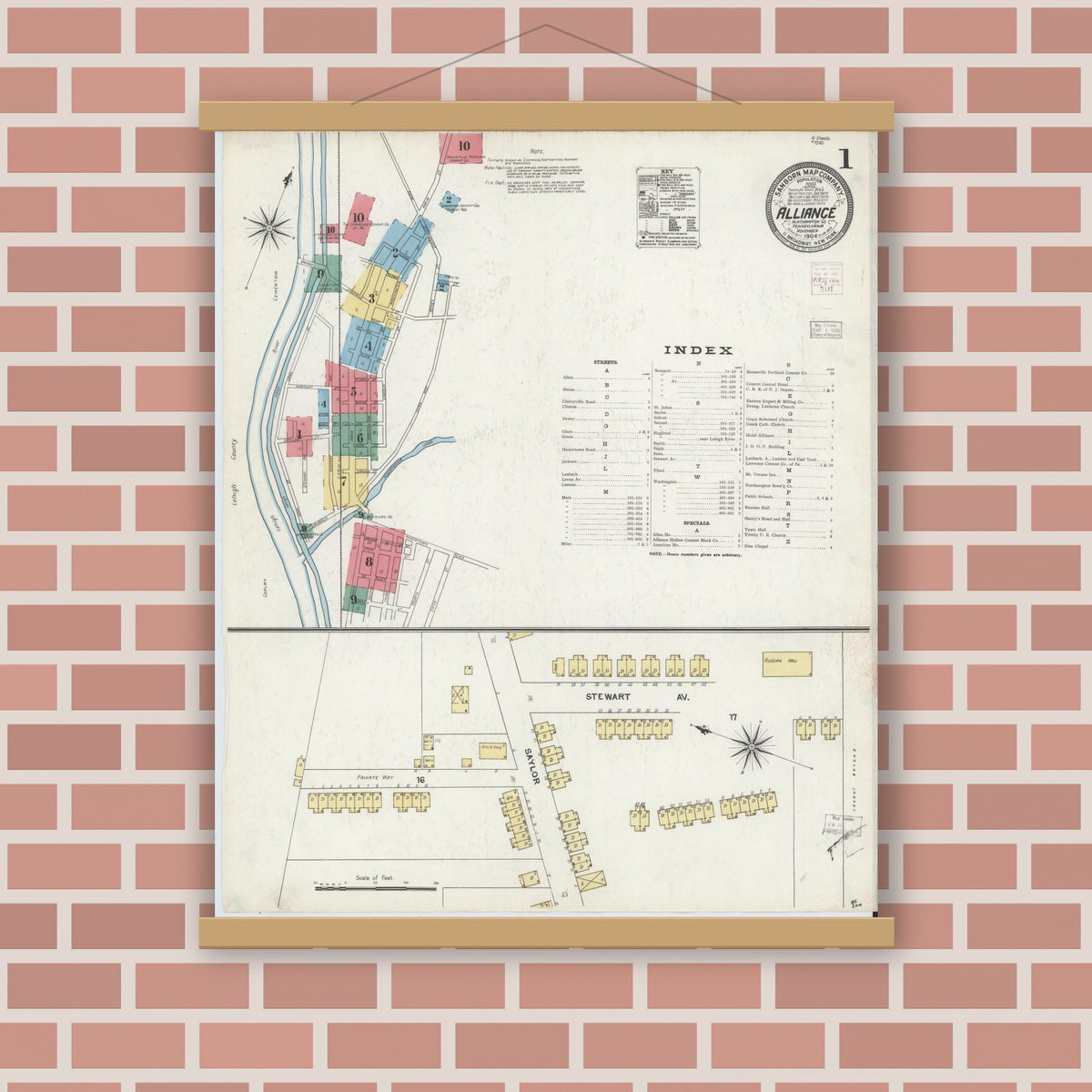 Old map wall art mockup — magnetic wood frame on brick wall — Sanborn Fire Insurance Map from Alliance, Northampton County, Pennsylvania (1904), Sheet #0001