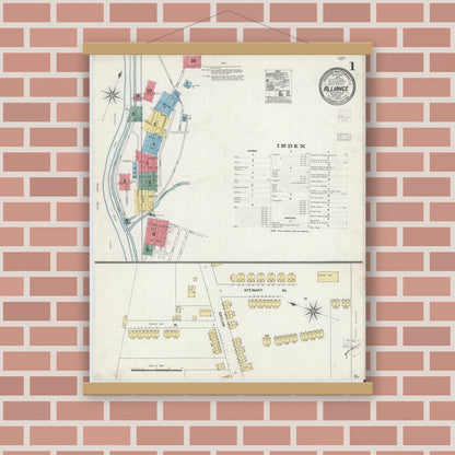 Old map wall art mockup — magnetic wood frame on brick wall — Sanborn Fire Insurance Map from Alliance, Northampton County, Pennsylvania (1904), Sheet #0001