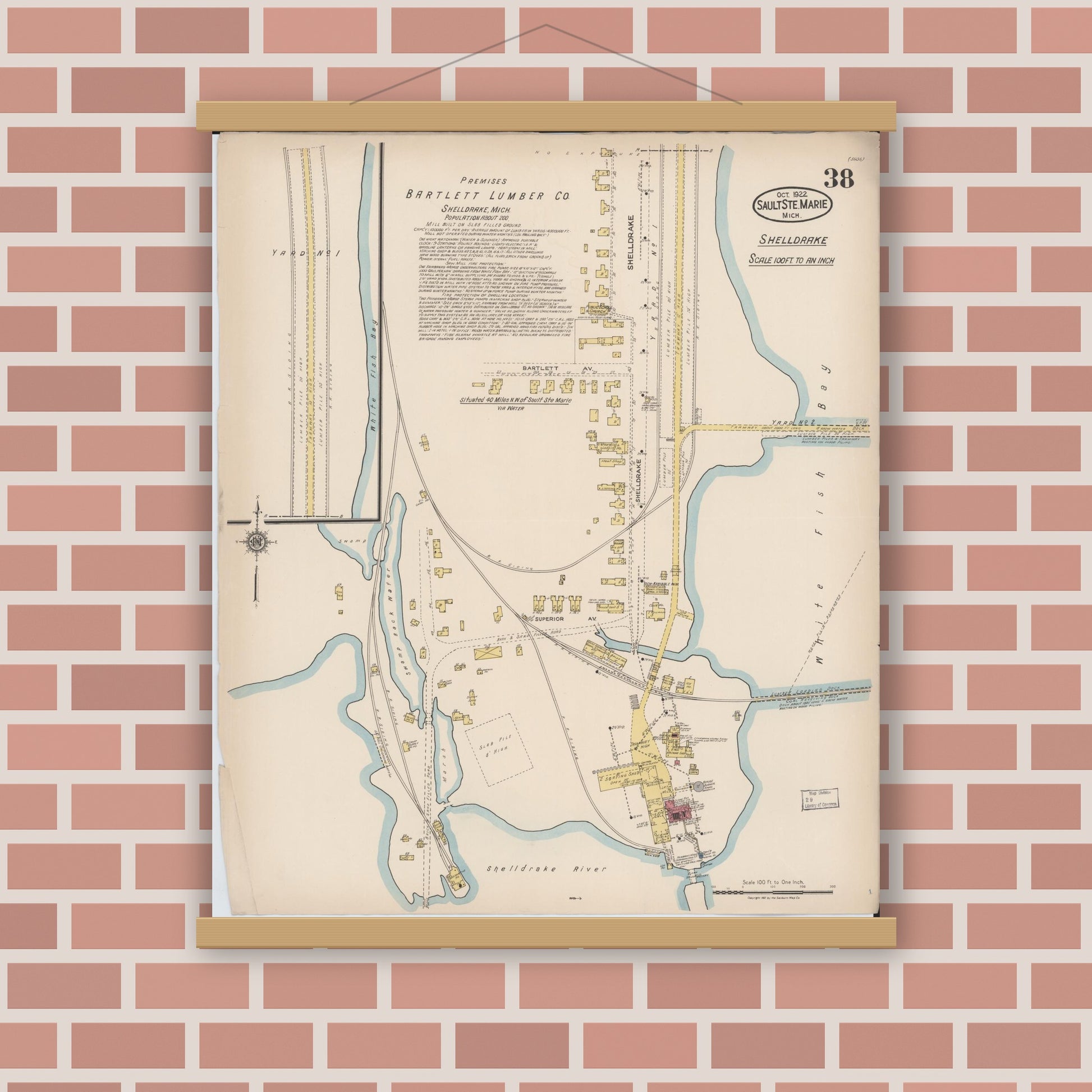 Old map wall art mockup — magnetic wood frame on brick wall — Sanborn Fire Insurance Map from Sault Sainte Marie, Chippewa County, Michigan (1922), Sheet #0038