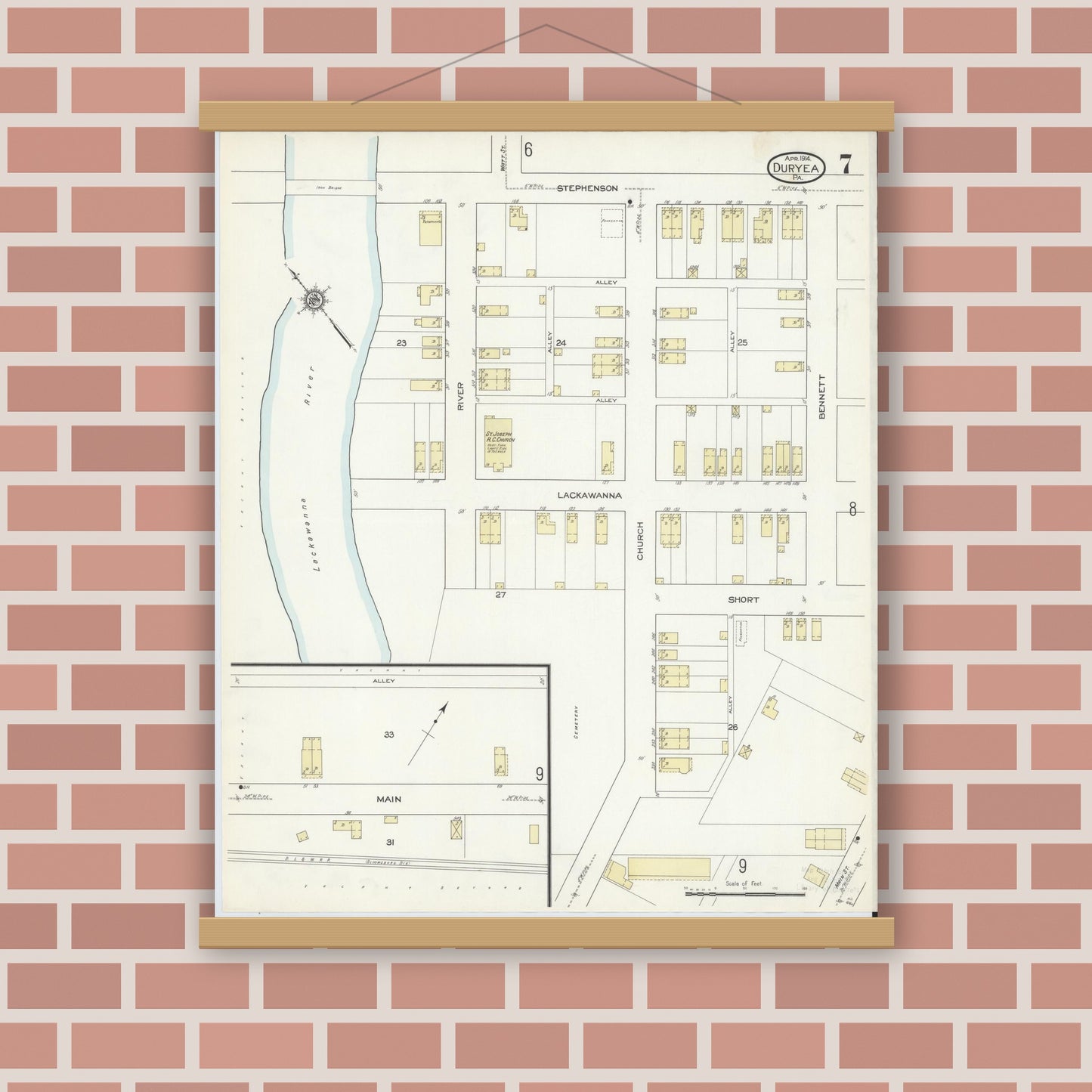 Old map wall art mockup — magnetic wood frame on brick wall — Sanborn Fire Insurance Map from Duryea, Luzerne County, Pennsylvania (1914), Sheet #0007
