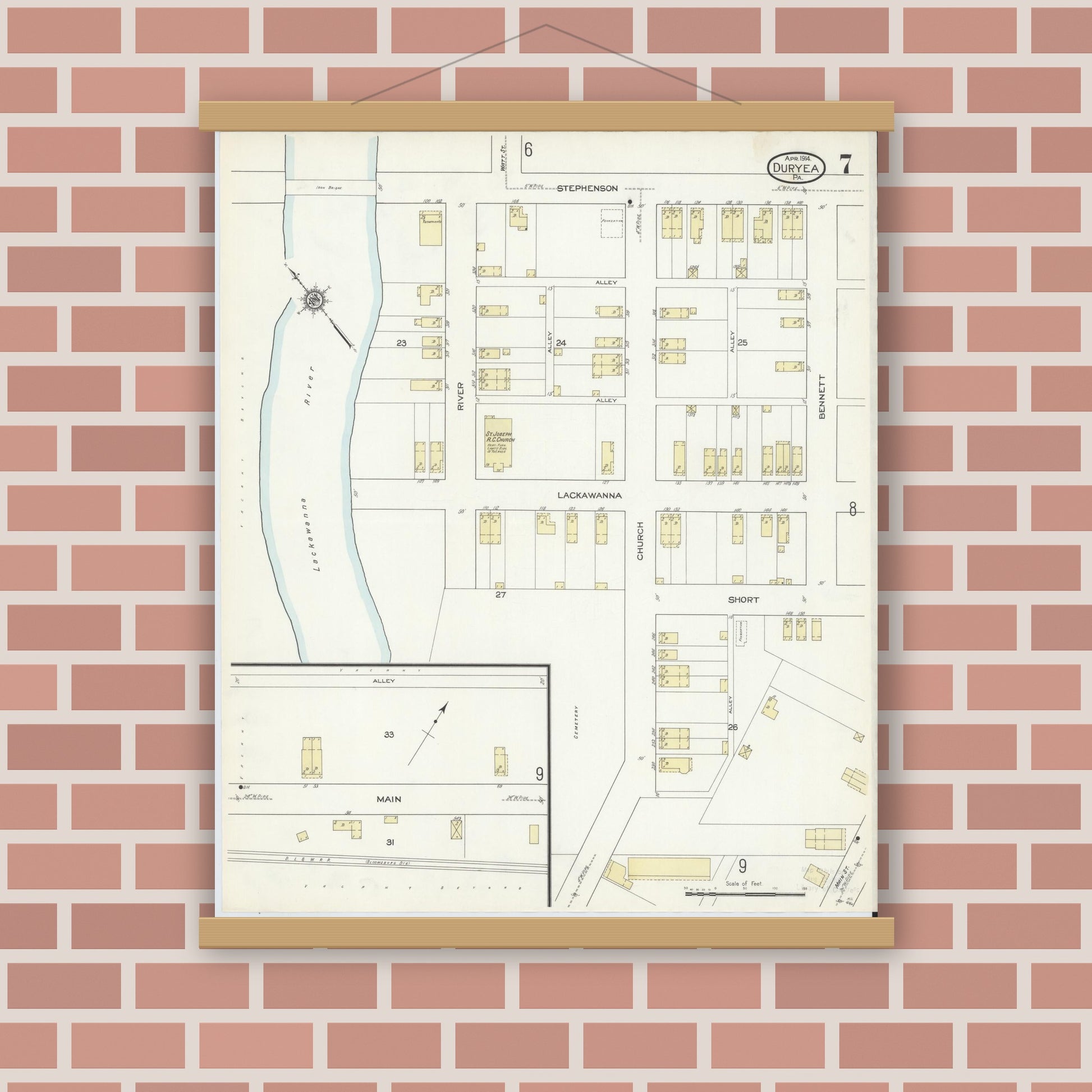 Old map wall art mockup — magnetic wood frame on brick wall — Sanborn Fire Insurance Map from Duryea, Luzerne County, Pennsylvania (1914), Sheet #0007
