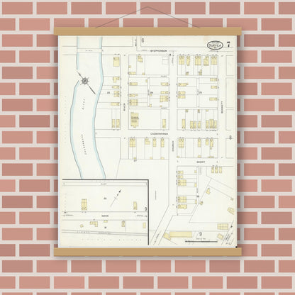 Old map wall art mockup — magnetic wood frame on brick wall — Sanborn Fire Insurance Map from Duryea, Luzerne County, Pennsylvania (1914), Sheet #0007