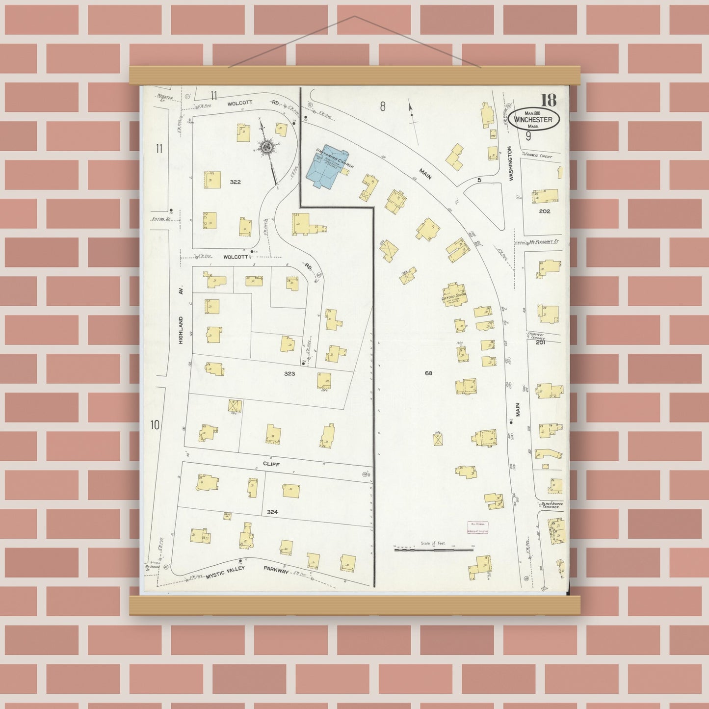 Old map wall art mockup — magnetic wood frame on brick wall — Sanborn Fire Insurance Map from Winchester, Middlesex County, Massachusetts (1910), Sheet #0018