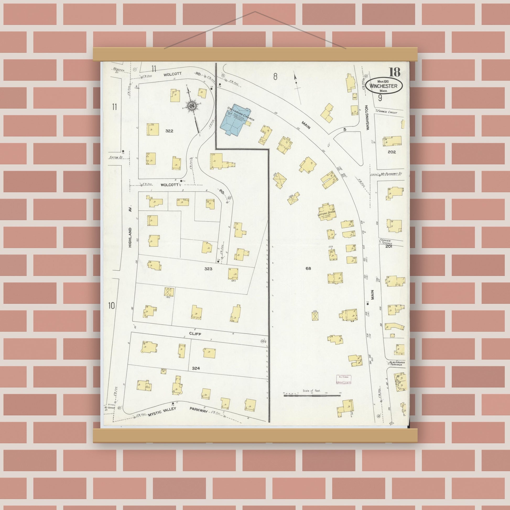 Old map wall art mockup — magnetic wood frame on brick wall — Sanborn Fire Insurance Map from Winchester, Middlesex County, Massachusetts (1910), Sheet #0018