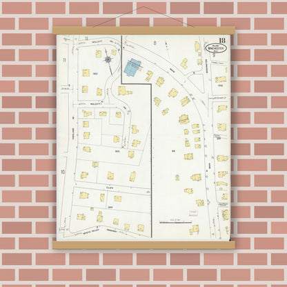 Old map wall art mockup — magnetic wood frame on brick wall — Sanborn Fire Insurance Map from Winchester, Middlesex County, Massachusetts (1910), Sheet #0018