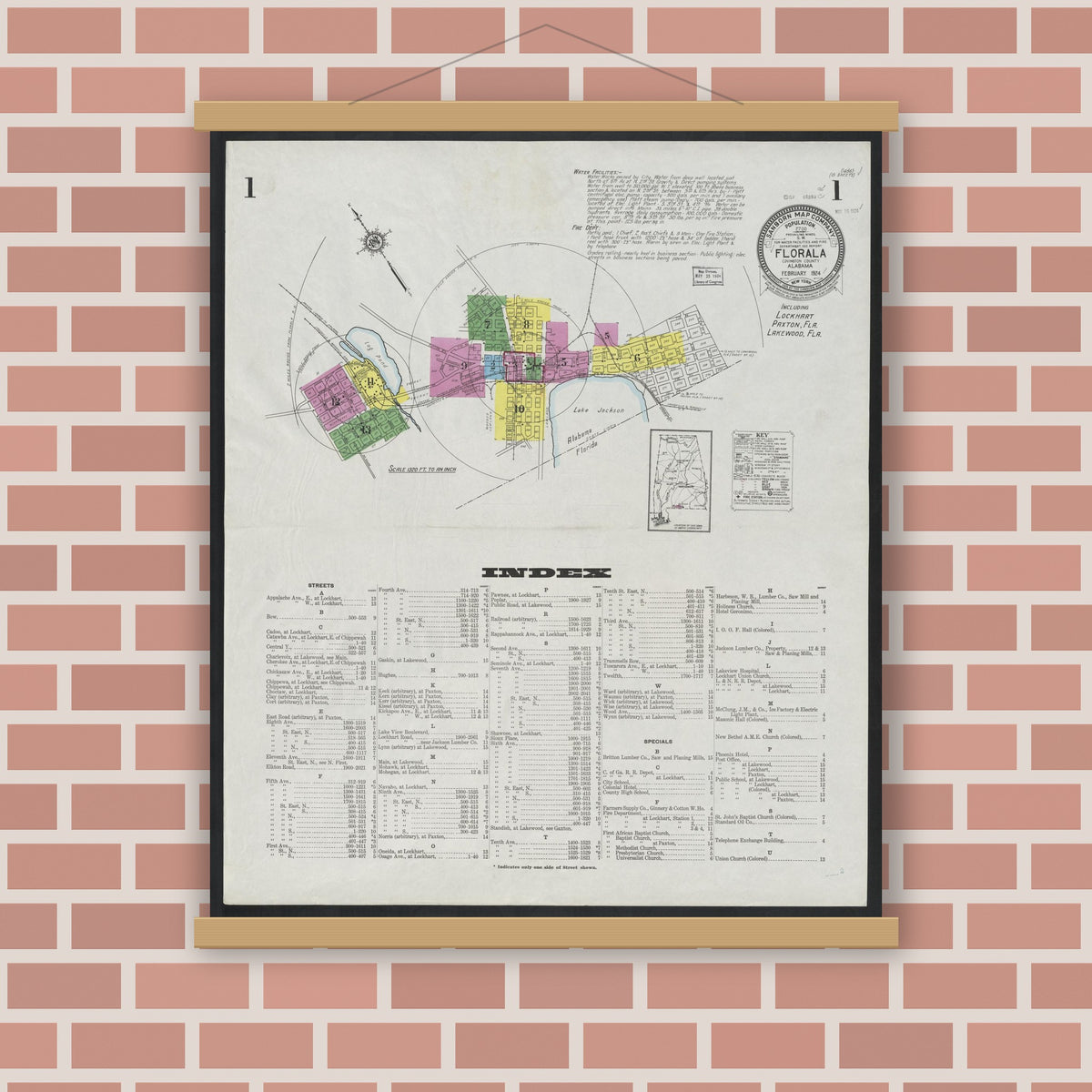 Old map wall art mockup — magnetic wood frame on brick wall — Sanborn Fire Insurance Map from Florala, Covington County, Alabama (1924), Sheet #0001