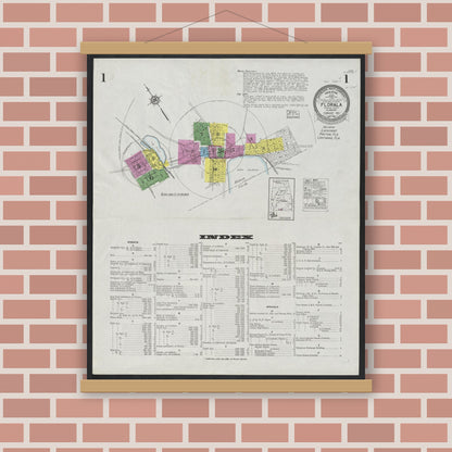 Old map wall art mockup — magnetic wood frame on brick wall — Sanborn Fire Insurance Map from Florala, Covington County, Alabama (1924), Sheet #0001
