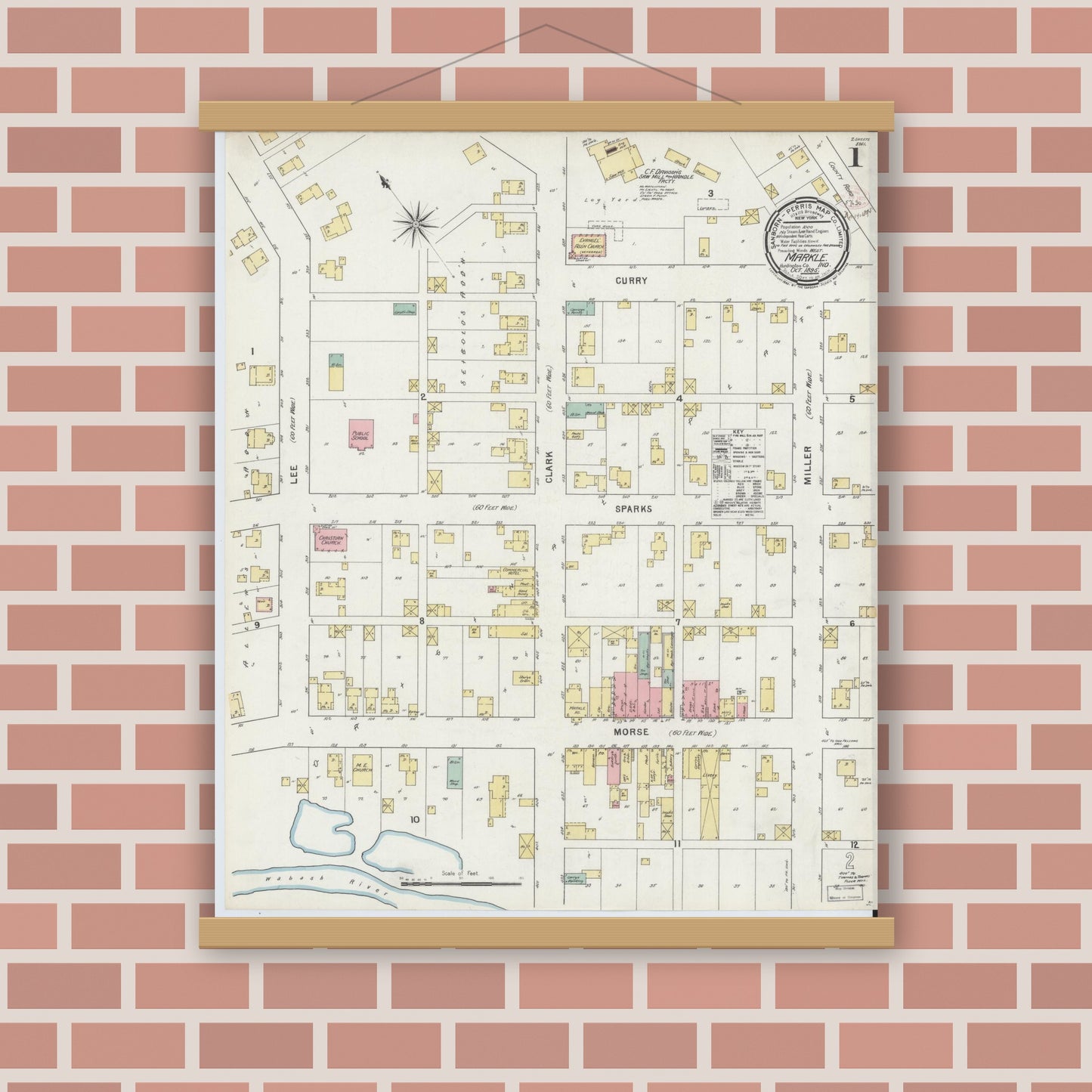 Old map wall art mockup — magnetic wood frame on brick wall — Sanborn Fire Insurance Map from Markle, Huntington County, Indiana (1895) - Complete Map Set