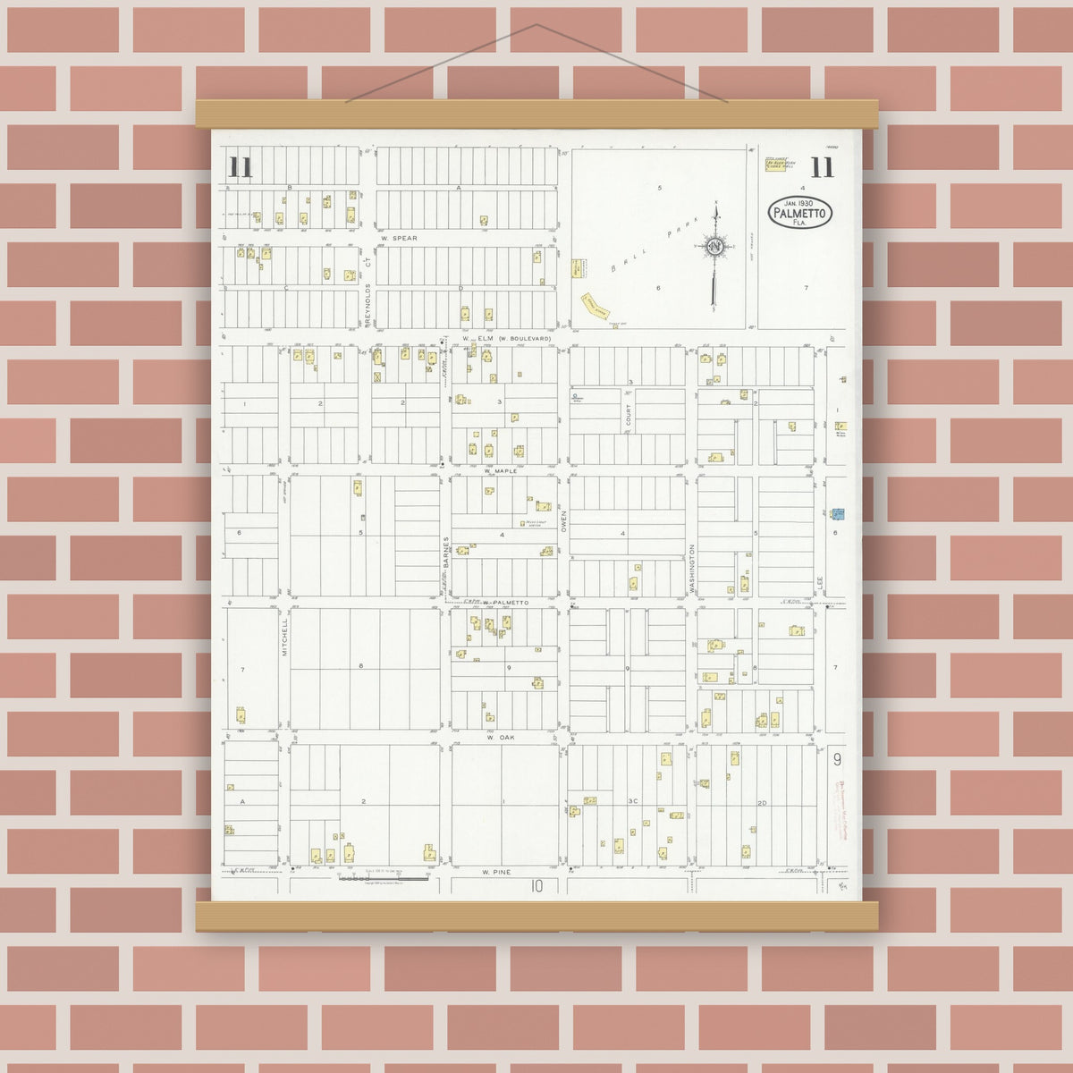 Old map wall art mockup — magnetic wood frame on brick wall — Sanborn Fire Insurance Map from Palmetto, Manatee County, Florida (1930), Sheet #0011