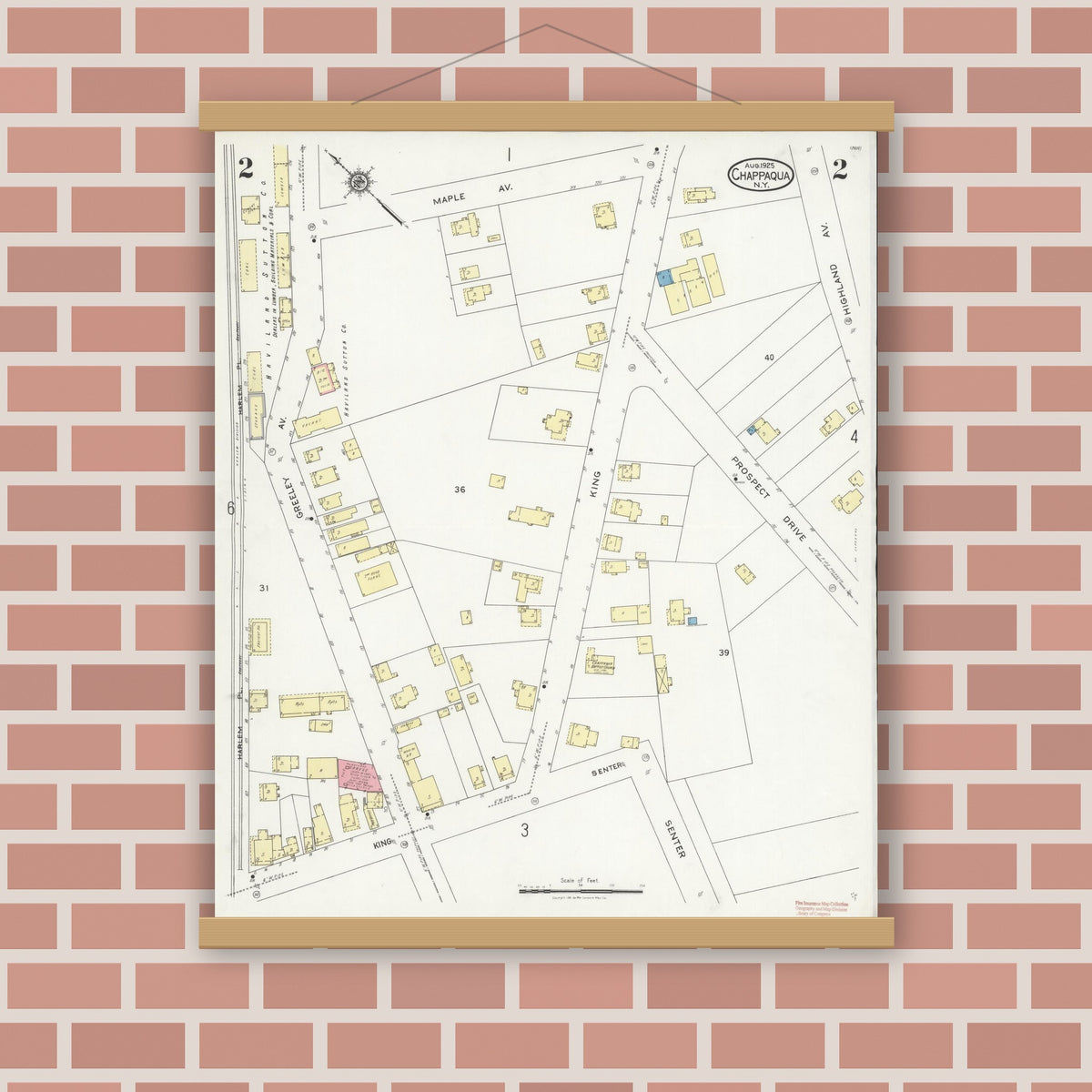 Old map wall art mockup — magnetic wood frame on brick wall — Sanborn Fire Insurance Map from Chappaqua, Westchester County, New York (1925), Sheet #0002