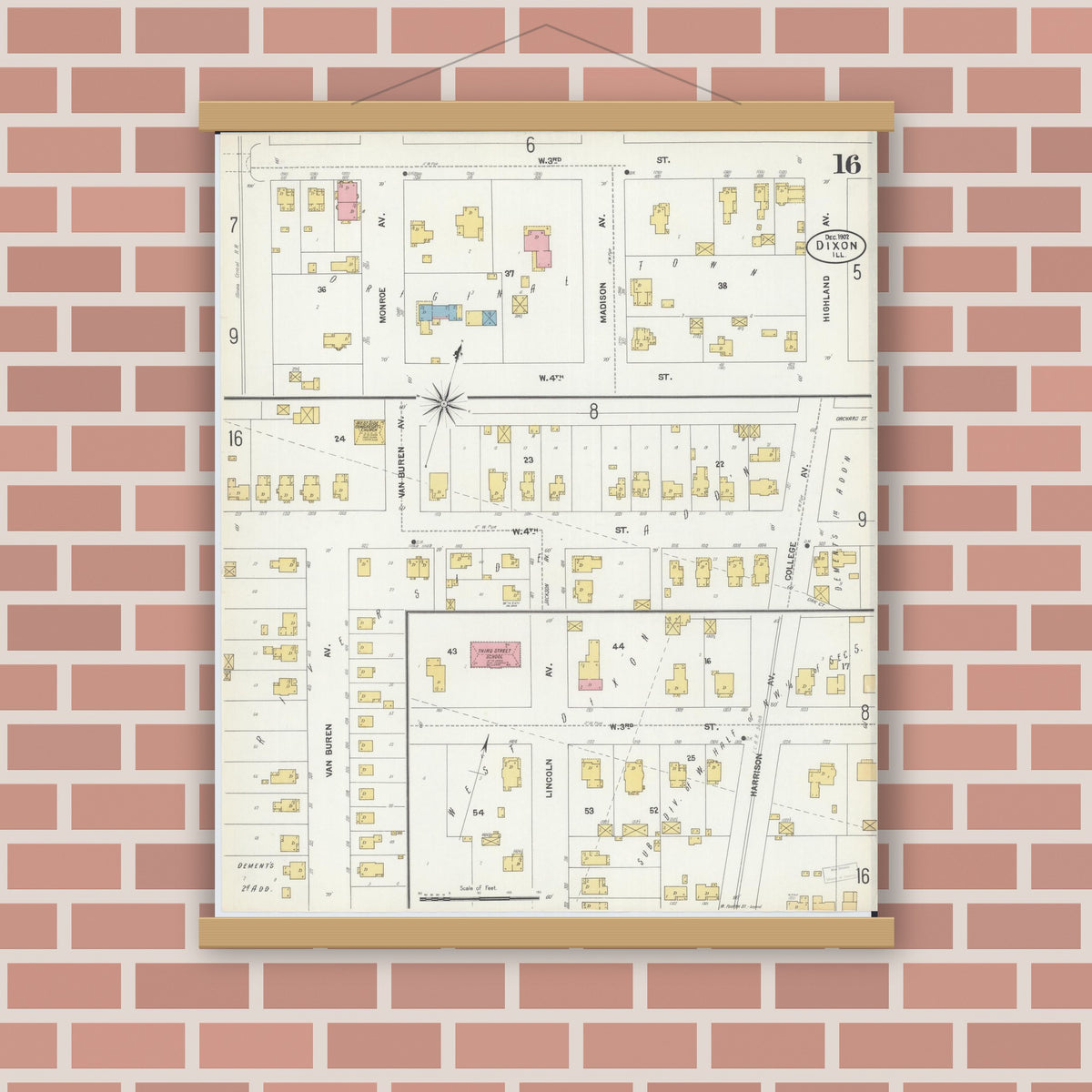 Old map wall art mockup — magnetic wood frame on brick wall — Sanborn Fire Insurance Map from Dixon, Lee County, Illinois (1902), Sheet #0016