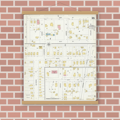 Old map wall art mockup — magnetic wood frame on brick wall — Sanborn Fire Insurance Map from Dixon, Lee County, Illinois (1902), Sheet #0016