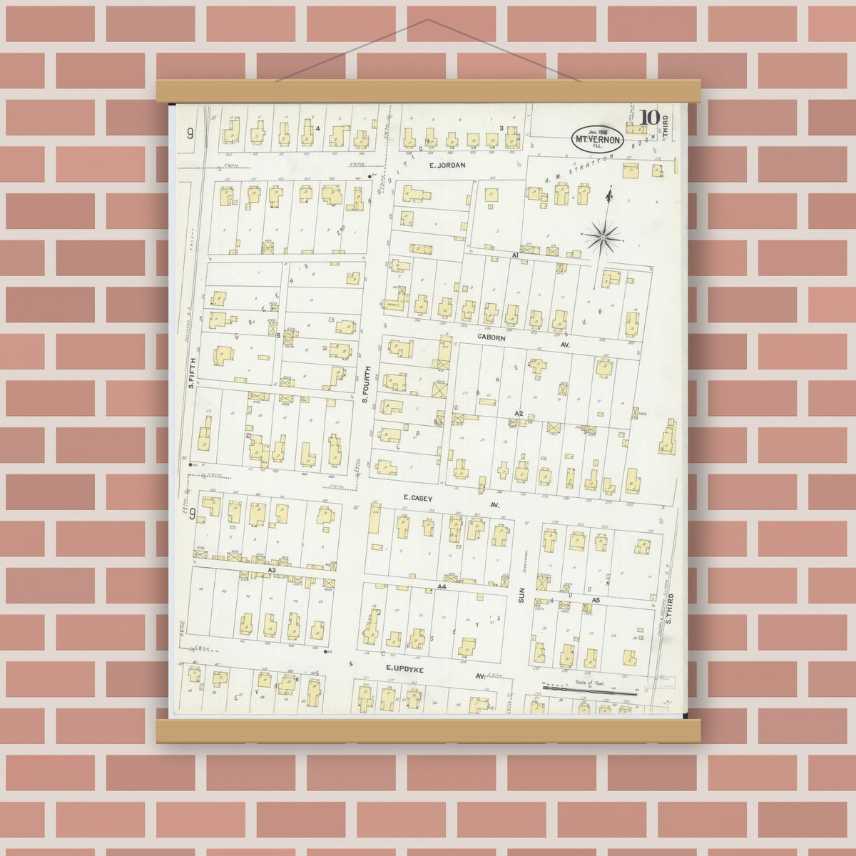 Old map wall art mockup — magnetic wood frame on brick wall — Sanborn Fire Insurance Map from Mount Vernon, Jefferson County, Illinois (1908), Sheet #0010