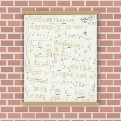 Old map wall art mockup — magnetic wood frame on brick wall — Sanborn Fire Insurance Map from Mount Vernon, Jefferson County, Illinois (1908), Sheet #0010