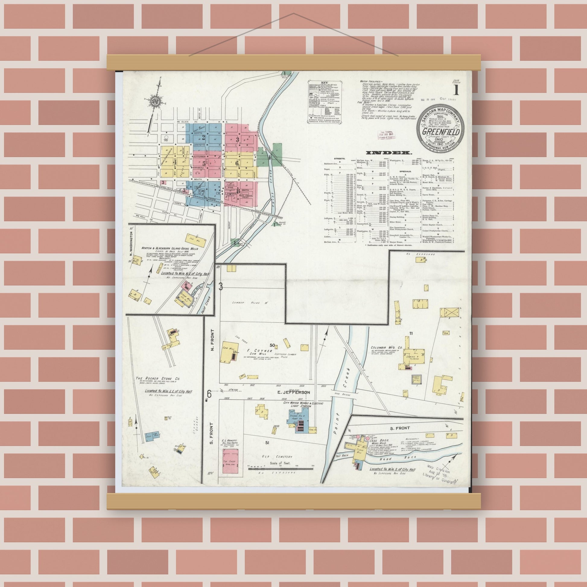 Old map wall art mockup — magnetic wood frame on brick wall — Sanborn Fire Insurance Map from Greenfield, Highland County, Ohio (1910) - Complete Map Set