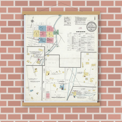 Old map wall art mockup — magnetic wood frame on brick wall — Sanborn Fire Insurance Map from Greenfield, Highland County, Ohio (1910) - Complete Map Set