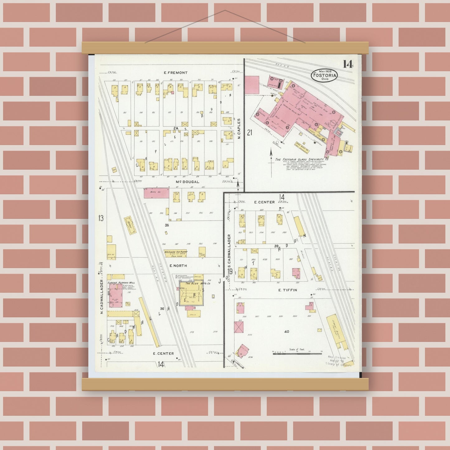 Old map wall art mockup — magnetic wood frame on brick wall — Sanborn Fire Insurance Map from Fostoria, Seneca, Hancock, And Wood Counties, Ohio (1908), Sheet #0014