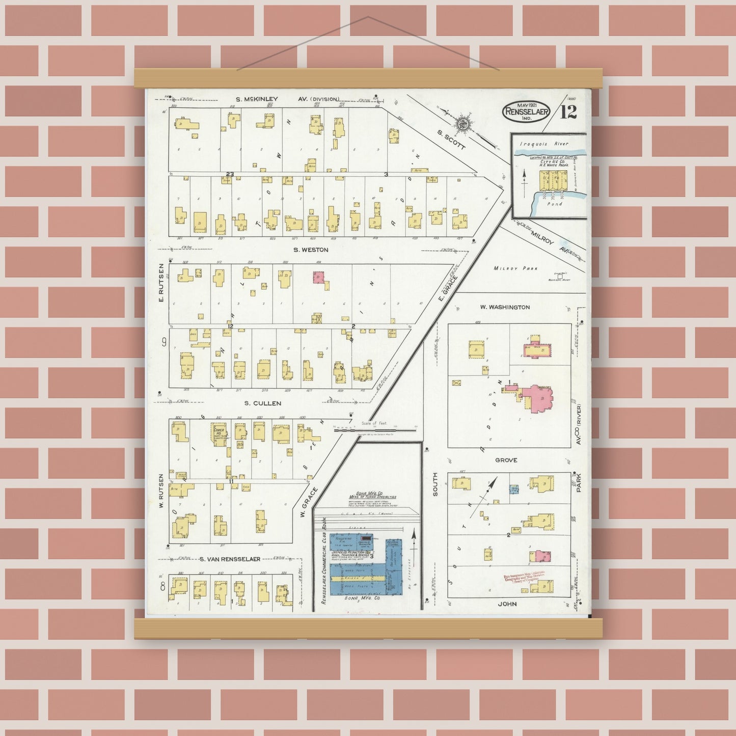 Old map wall art mockup — magnetic wood frame on brick wall — Sanborn Fire Insurance Map from Rensselaer, Jasper County, Indiana (1921), Sheet #0012