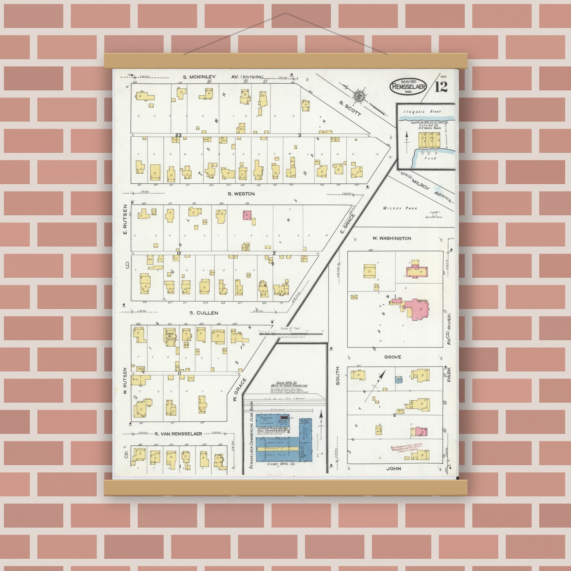 Old map wall art mockup — magnetic wood frame on brick wall — Sanborn Fire Insurance Map from Rensselaer, Jasper County, Indiana (1921), Sheet #0012