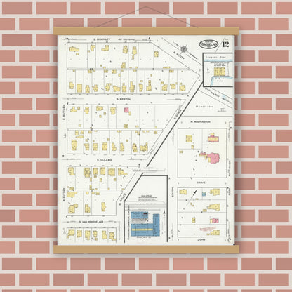 Old map wall art mockup — magnetic wood frame on brick wall — Sanborn Fire Insurance Map from Rensselaer, Jasper County, Indiana (1921), Sheet #0012
