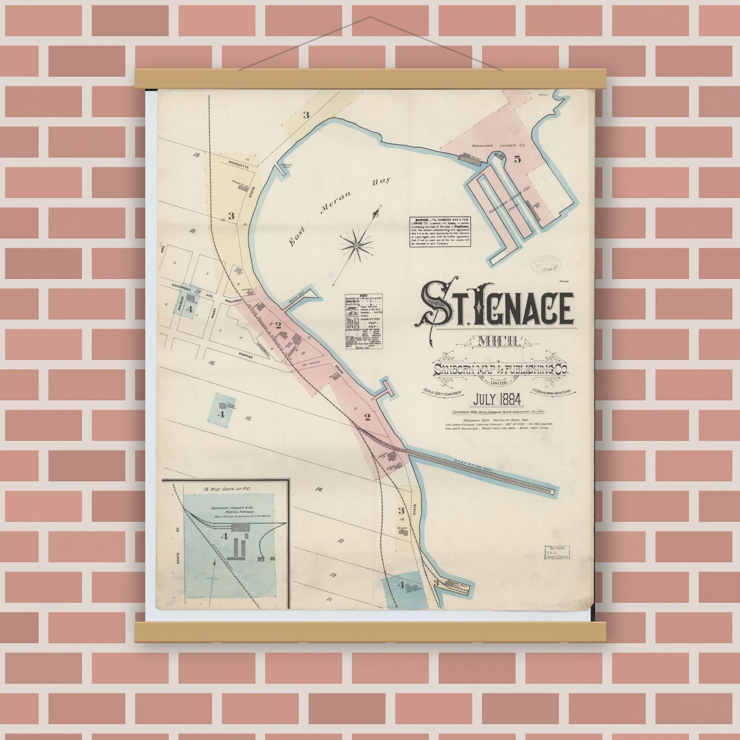 Old map wall art mockup — magnetic wood frame on brick wall — Sanborn Fire Insurance Map from Saint Ignace, Mackinac County, Michigan (1884) - Complete Map Set