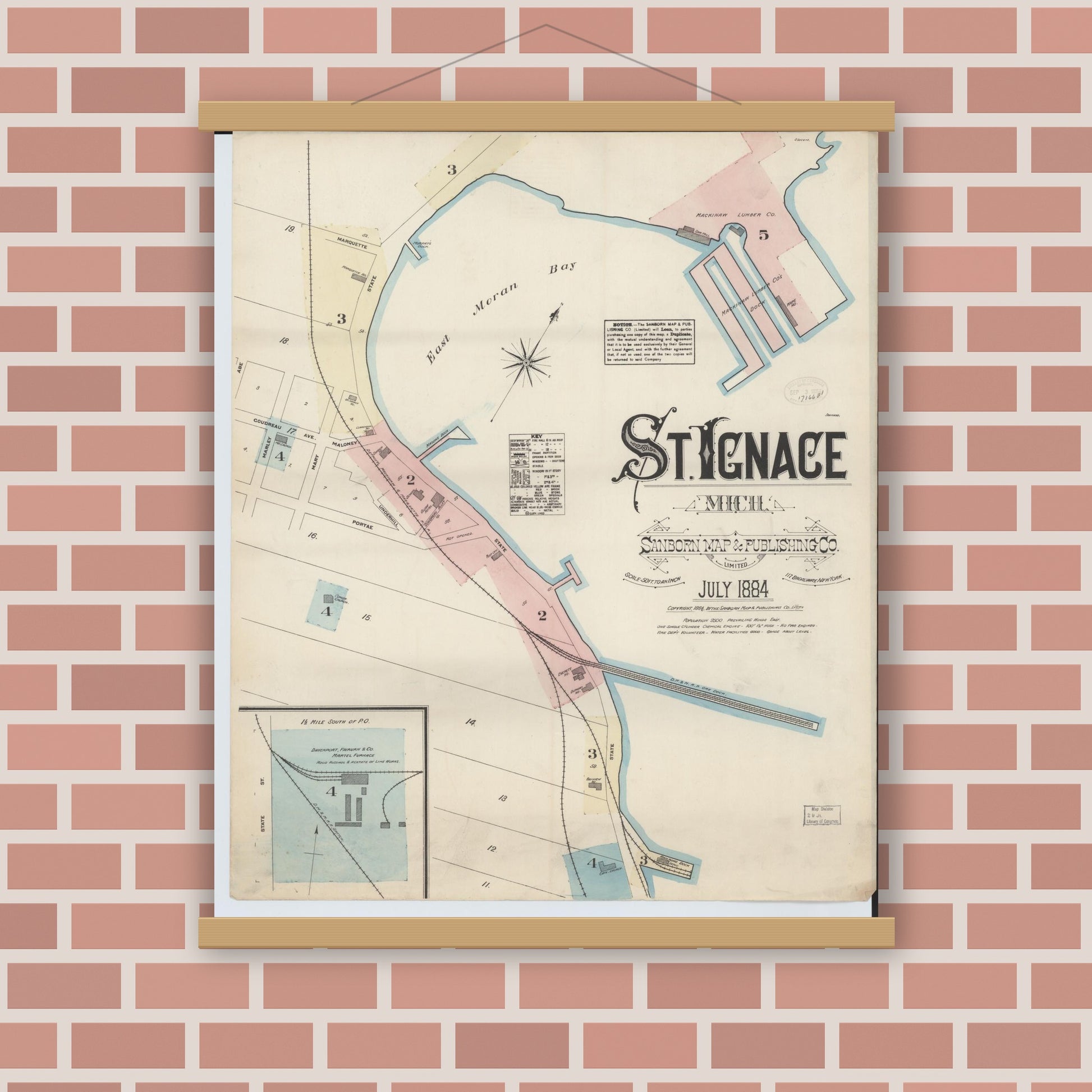 Old map wall art mockup — magnetic wood frame on brick wall — Sanborn Fire Insurance Map from Saint Ignace, Mackinac County, Michigan (1884) - Complete Map Set