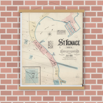 Old map wall art mockup — magnetic wood frame on brick wall — Sanborn Fire Insurance Map from Saint Ignace, Mackinac County, Michigan (1884) - Complete Map Set