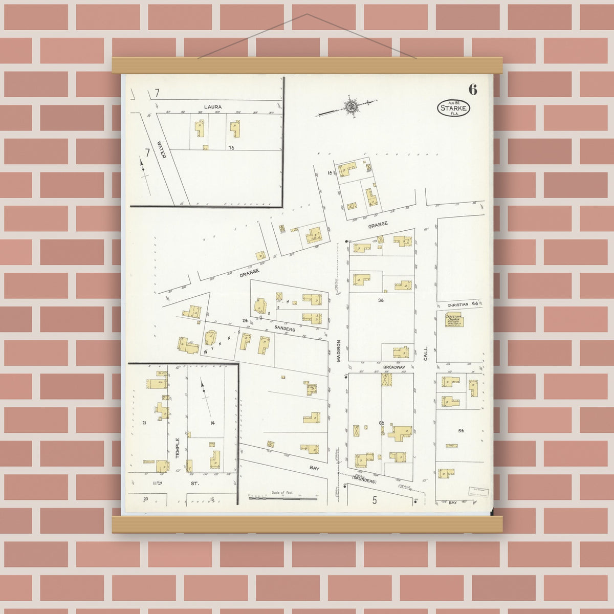 Old map wall art mockup — magnetic wood frame on brick wall — Sanborn Fire Insurance Map from Starke, Bradford County, Florida (1912), Sheet #0006