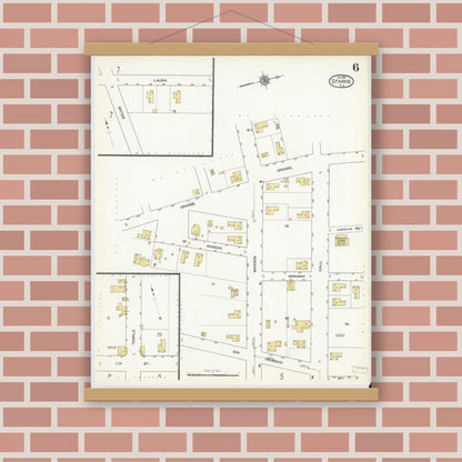 Old map wall art mockup — magnetic wood frame on brick wall — Sanborn Fire Insurance Map from Starke, Bradford County, Florida (1912), Sheet #0006