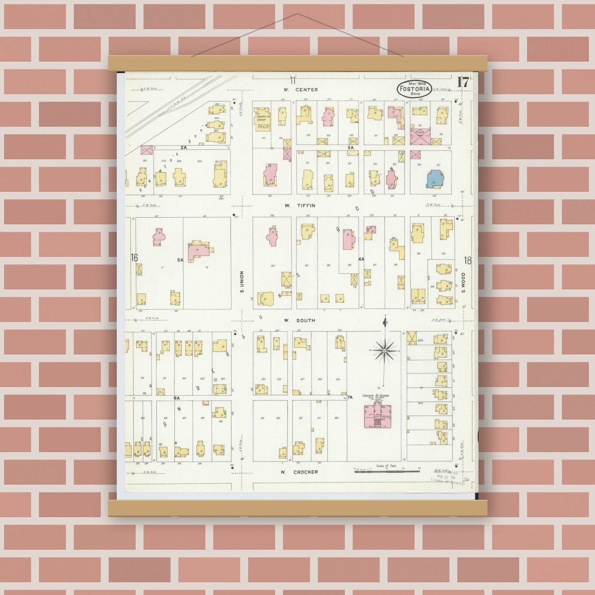 Old map wall art mockup — magnetic wood frame on brick wall — Sanborn Fire Insurance Map from Fostoria, Seneca, Hancock, And Wood Counties, Ohio (1908), Sheet #0017