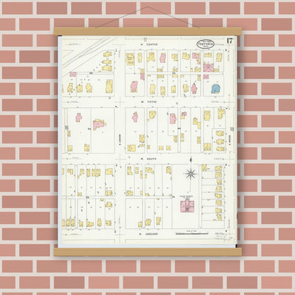 Old map wall art mockup — magnetic wood frame on brick wall — Sanborn Fire Insurance Map from Fostoria, Seneca, Hancock, And Wood Counties, Ohio (1908), Sheet #0017