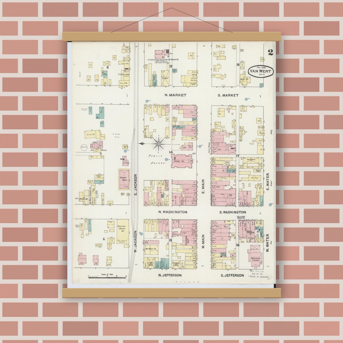 Old map wall art mockup — magnetic wood frame on brick wall — Sanborn Fire Insurance Map from Van Wert, Van Wert County, Ohio (1890), Sheet #0002