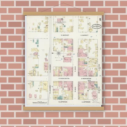 Old map wall art mockup — magnetic wood frame on brick wall — Sanborn Fire Insurance Map from Van Wert, Van Wert County, Ohio (1890), Sheet #0002
