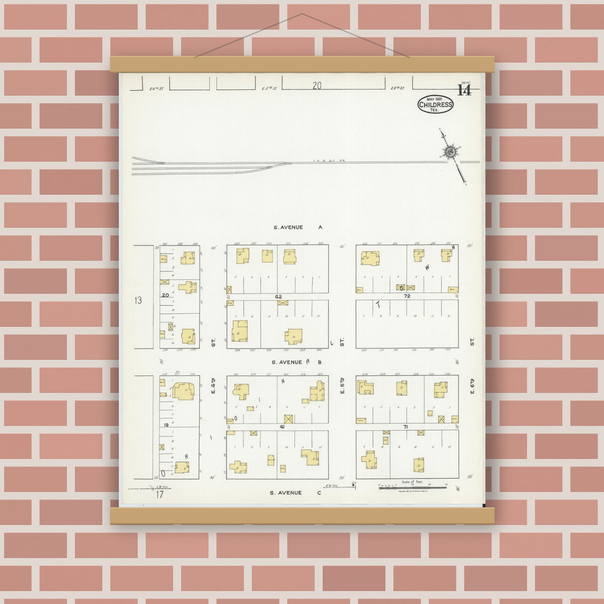 Old map wall art mockup — magnetic wood frame on brick wall — Sanborn Fire Insurance Map from Childress, Childress County, Texas (1921), Sheet #0014
