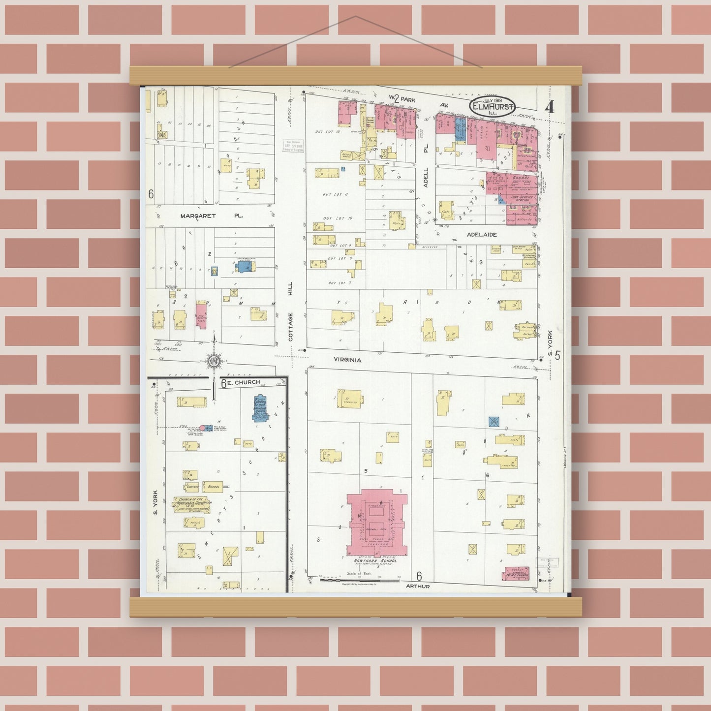 Old map wall art mockup — magnetic wood frame on brick wall — Sanborn Fire Insurance Map from Elmhurst, Du Page County, Illinois (1918), Sheet #0004